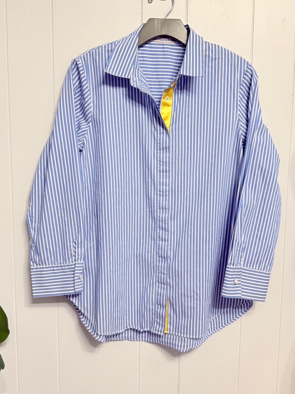 #16)  Classic Blue Stripe Button Shirt, Contrast Trim & Stretch, Unique back